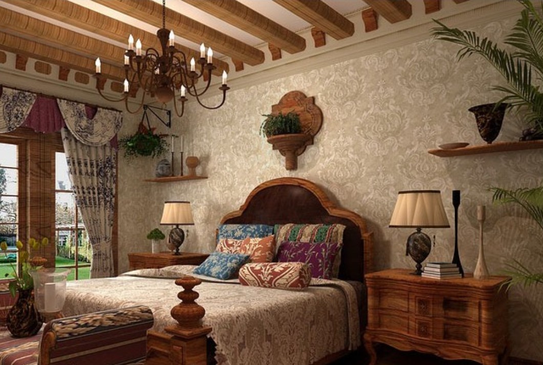 Decoration-European-bedroom-with-Damascus-vintage-wallpaper