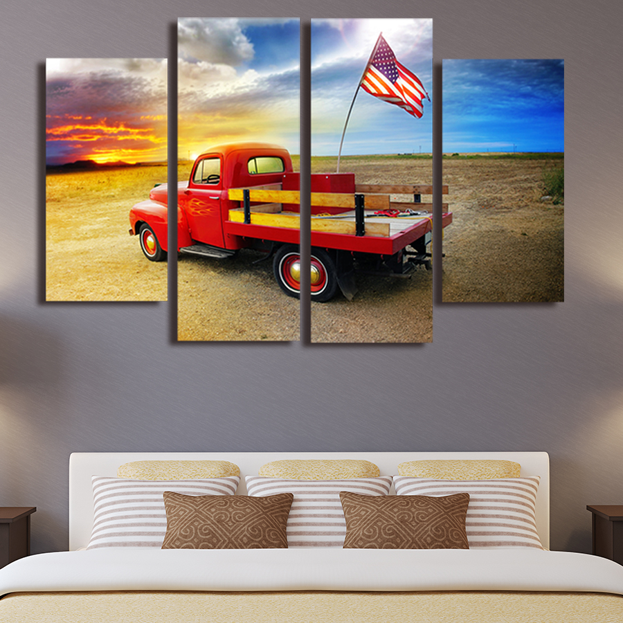 Unframed-The-American-flag-and-pickup-trucks-4-piece-Modern-Wall-Painting-Art-Picture-home-decor