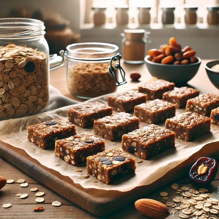 no-sugar energy bars on a wooden kitchen counter. The bars are cut into rectangular pieces, with